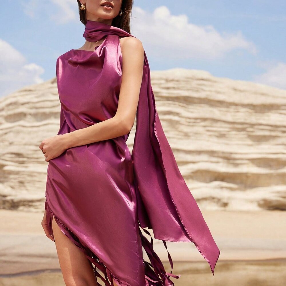 Burgundy Elegant Women's Satin Tassel Oblique Shoulder Backless Cocktail Dress
